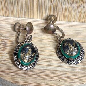 Vintage Thailand Black Gold Siam Figure under Lucite Screw Back Dangle Earrings